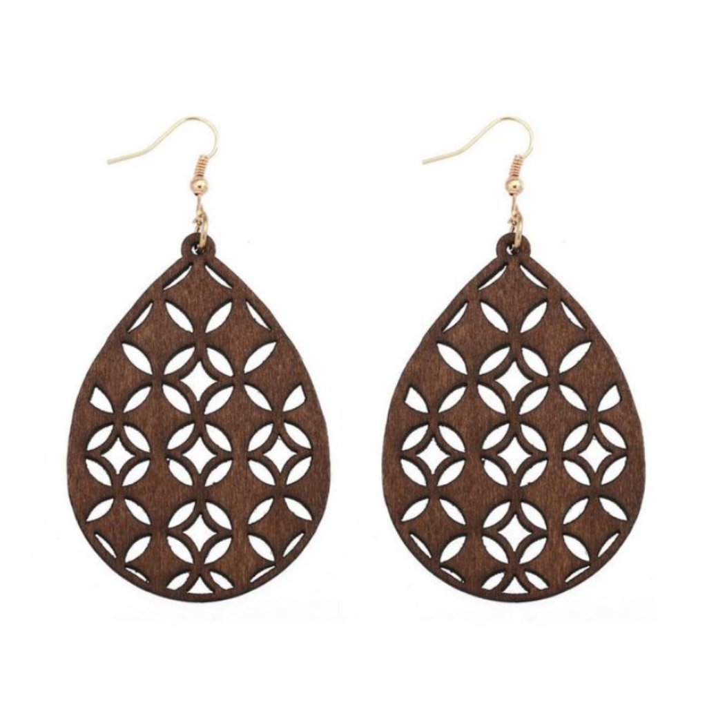 Brown Wooden Cut Out Earrings Nwt Teardrop Shaped Geometric Moroccan 19$